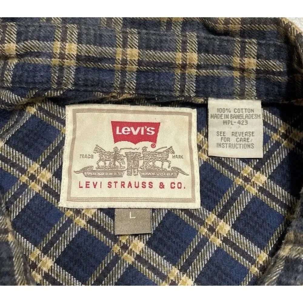 Mens Levis Flannel Shirt Size Large Blue Plaid Long Sleeve Pockets Button Up